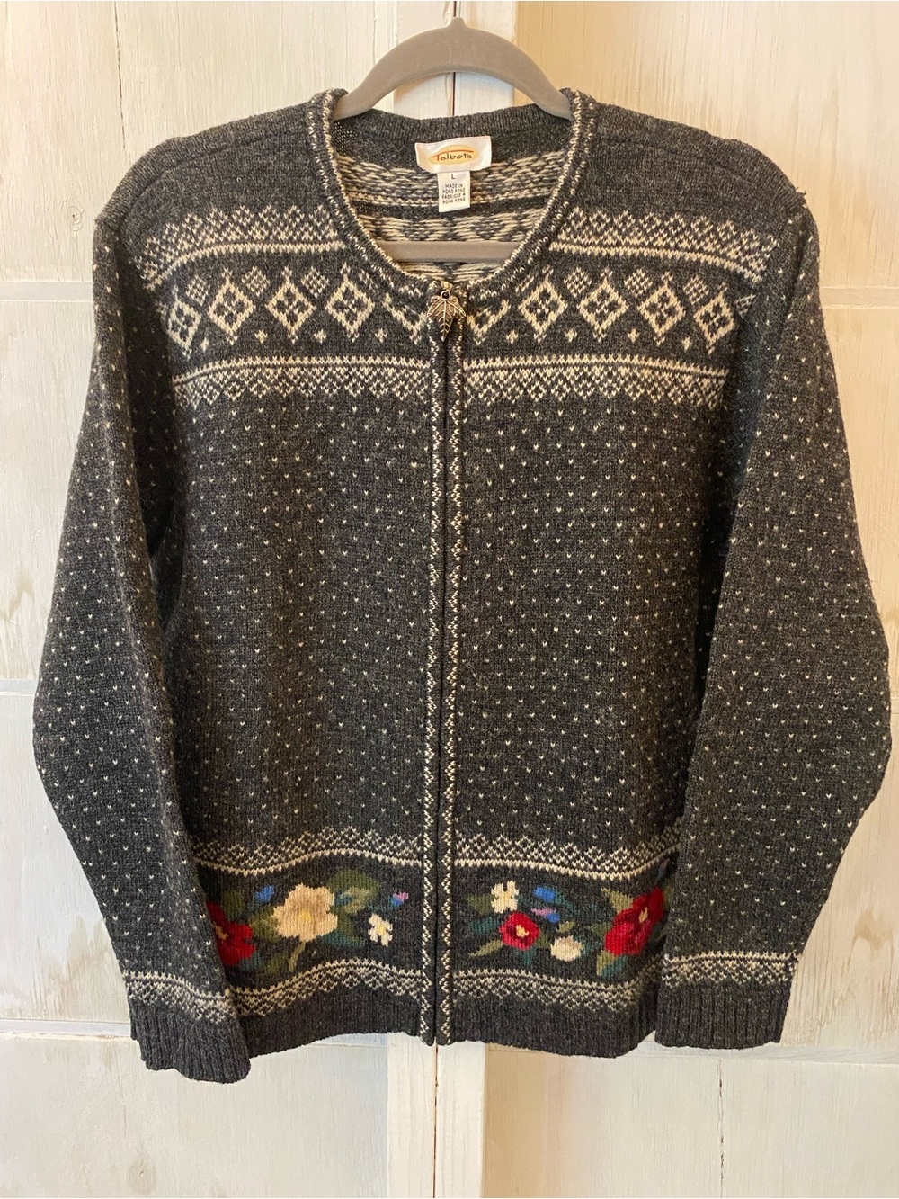 Talbots Large Vintage Charcoal Gray Zip-Front Knit Cardigan with Floral Border